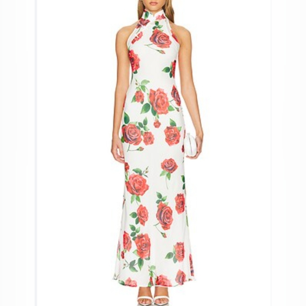SAU LEE Gladys Size 14 White Red Rose Mesh East Meets West Slinky Maxi Dress NWT